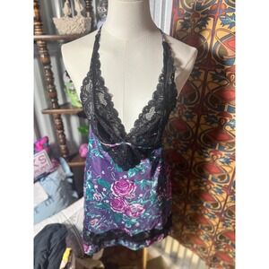 Cassandra‎ Intimates Purple Floral Lace Trim Halter Mini Dress